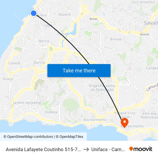 Avenida Lafayete Coutinho 515-733 - Comércio Salvador - Ba Brasil to Unifacs - Campus Rio Vermelho map