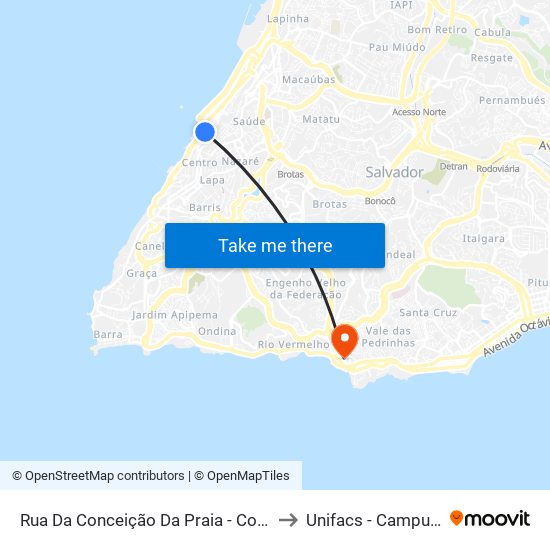 Rua Da Conceição Da Praia - Comercio Salvador - Ba Brasil to Unifacs - Campus Rio Vermelho map