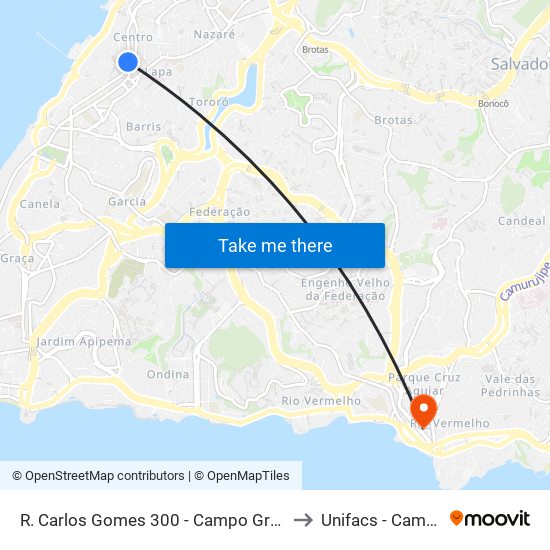 R. Carlos Gomes 300 - Campo Grande Salvador - Ba 40060-330 Brazil to Unifacs - Campus Rio Vermelho map