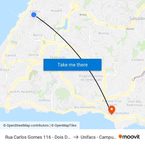 Rua Carlos Gomes 116 - Dois De Julho Salvador - Ba Brasil to Unifacs - Campus Rio Vermelho map