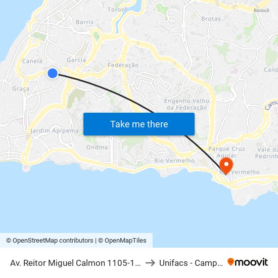 Av. Reitor Miguel Calmon 1105-1385 - Canela Salvador - Ba Brazil to Unifacs - Campus Rio Vermelho map