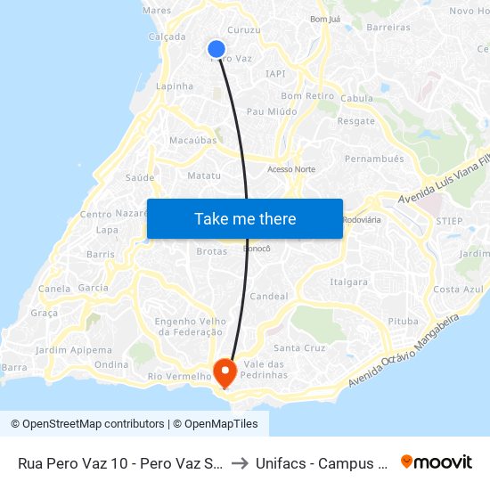 Rua Pero Vaz 10 - Pero Vaz Salvador - Ba Brasil to Unifacs - Campus Rio Vermelho map