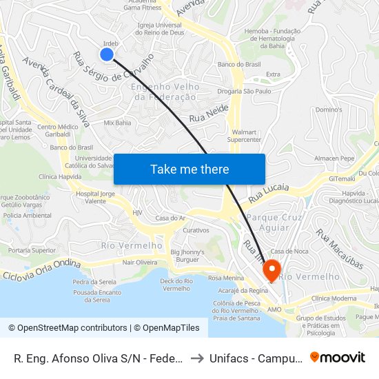R. Eng. Afonso Oliva S/N - Federação Salvador - Ba Brasil to Unifacs - Campus Rio Vermelho map