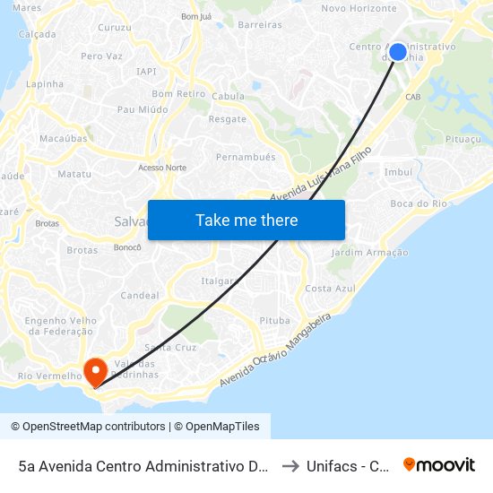 5a Avenida Centro Administrativo Da Bahia 1-193 - Pituaçu Salvador - Ba 41745-004 Brasil to Unifacs - Campus Rio Vermelho map