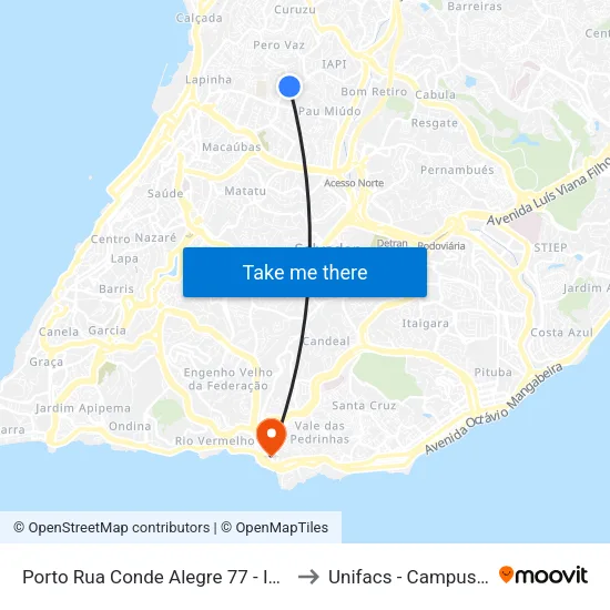 Porto Rua Conde Alegre 77 - Iapi Salvador - Ba Brasil to Unifacs - Campus Rio Vermelho map
