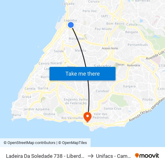 Ladeira Da Soledade 738 - Liberdade Salvador - Ba 40325-036 Brasil to Unifacs - Campus Rio Vermelho map