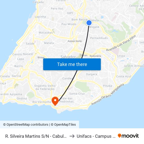 R. Silveira Martins S/N - Cabula Salvador - Ba Brasil to Unifacs - Campus Rio Vermelho map