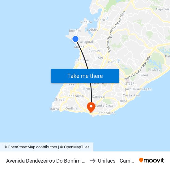 Avenida Dendezeiros Do Bonfim 33-99 - Roma Salvador - Ba Brasil to Unifacs - Campus Rio Vermelho map