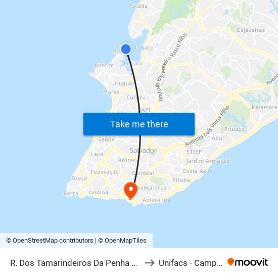 R. Dos Tamarindeiros Da Penha S/N - Ribeira Salvador - Ba Brasil to Unifacs - Campus Rio Vermelho map