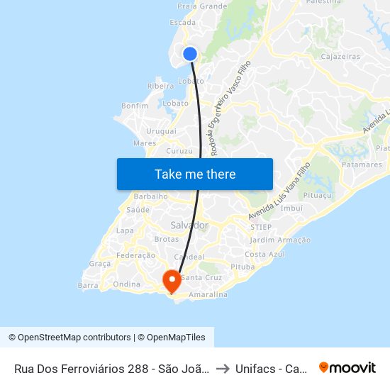 Rua Dos Ferroviários 288 - São João Do Cabrito Salvador - Ba 40490-208 Brasil to Unifacs - Campus Rio Vermelho map