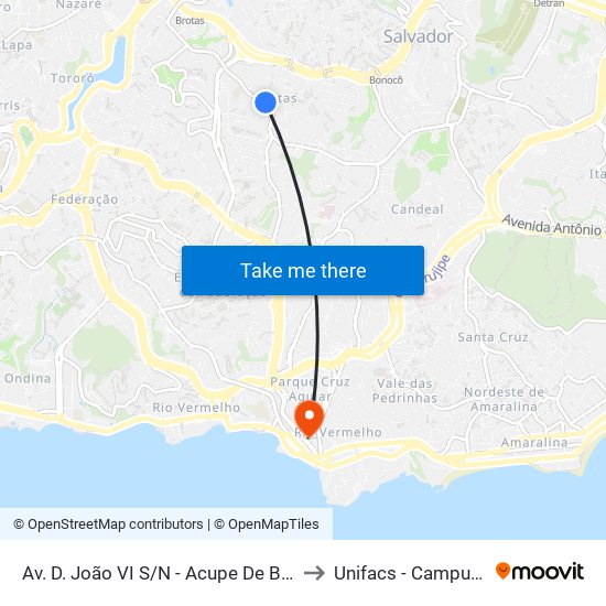 Av. D. João VI S/N - Acupe De Brotas Salvador - Ba Brasil to Unifacs - Campus Rio Vermelho map
