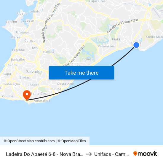 Ladeira Do Abaeté 6-8 - Nova Brasília De Itapuã Salvador - Ba Brasil to Unifacs - Campus Rio Vermelho map