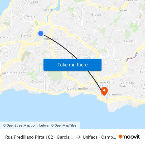 Rua Prediliano Pitta 102 - Garcia Salvador - Ba 40100-200 Brasil to Unifacs - Campus Rio Vermelho map