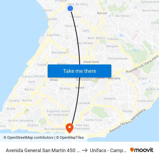 Avenida General San Martin 450 Salvador - Bahia 40355 Brasil to Unifacs - Campus Rio Vermelho map