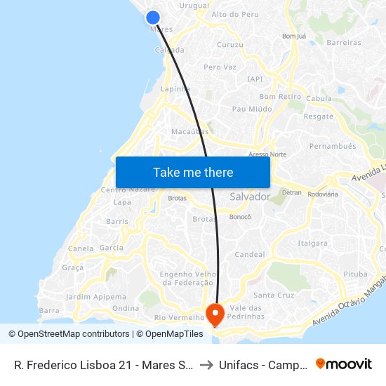 R. Frederico Lisboa 21 - Mares Salvador - Ba 40445-071 Brasil to Unifacs - Campus Rio Vermelho map