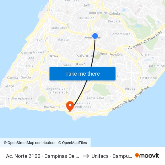 Ac. Norte 2100 - Campinas De Brotas Salvador - Ba Brasil to Unifacs - Campus Rio Vermelho map