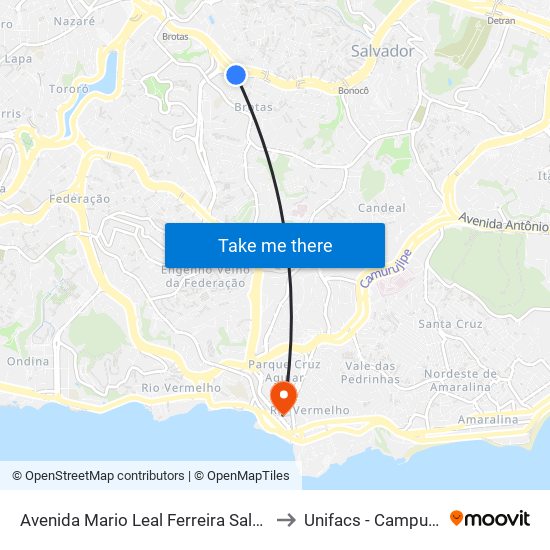 Avenida Mario Leal Ferreira Salvador - Bahia 40284 Brasil to Unifacs - Campus Rio Vermelho map