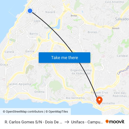 R. Carlos Gomes S/N - Dois De Julho Salvador - Ba Brasil to Unifacs - Campus Rio Vermelho map