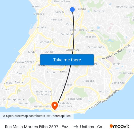 Rua Mello Moraes Filho 2597 - Fazenda Grande Do Retiro Salvador - Ba Brasil to Unifacs - Campus Rio Vermelho map