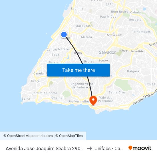 Avenida José Joaquim Seabra 290 - Pelourinho Salvador - Ba 40026-350 Brasil to Unifacs - Campus Rio Vermelho map