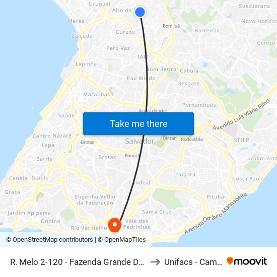 R. Melo 2-120 - Fazenda Grande Do Retiro Salvador - Ba 40352-585 Brasil to Unifacs - Campus Rio Vermelho map