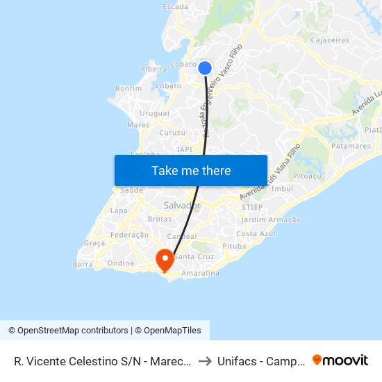 R. Vicente Celestino S/N - Marechal Rondon Salvador - Ba Brasil to Unifacs - Campus Rio Vermelho map