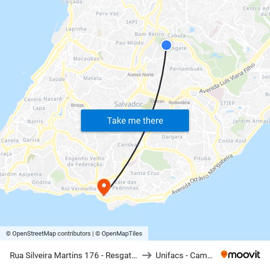 Rua Silveira Martins 176 - Resgate Salvador - Ba 41152-025 Brasil to Unifacs - Campus Rio Vermelho map