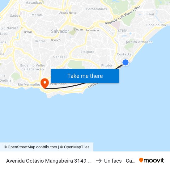 Avenida Octávio Mangabeira 3149-3199 - Costa Azul Salvador - Ba 41760-100 Brasil to Unifacs - Campus Rio Vermelho map