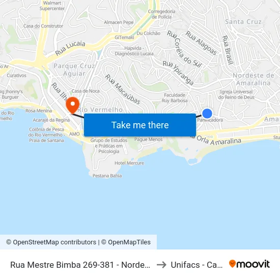 Rua Mestre Bimba 269-381 - Nordeste De Amaralina Salvador - Ba 41905-750 Brasil to Unifacs - Campus Rio Vermelho map
