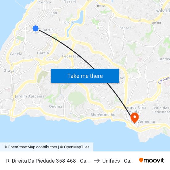 R. Direita Da Piedade 358-468 - Campo Grande Salvador - Ba 40070-190 Brasil to Unifacs - Campus Rio Vermelho map