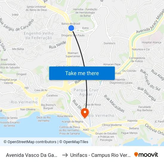 Avenida Vasco Da Gama 10 to Unifacs - Campus Rio Vermelho map