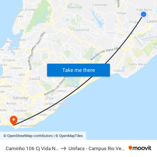 Caminho 106 Cj Vida Nova, 5 to Unifacs - Campus Rio Vermelho map