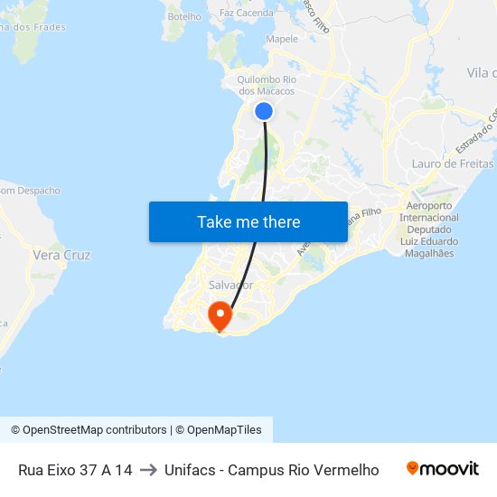 Rua Eixo 37 A 14 to Unifacs - Campus Rio Vermelho map