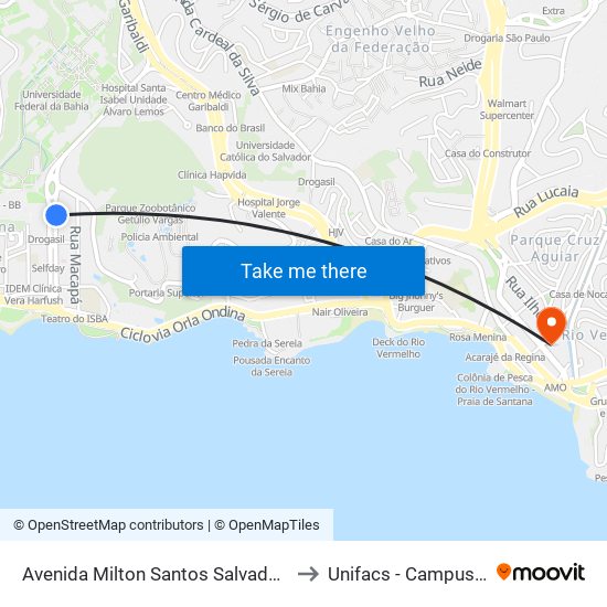 Avenida Milton Santos Salvador - Bahia 40170 Brasil to Unifacs - Campus Rio Vermelho map
