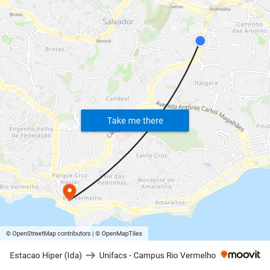 Estacao Hiper (Ida) to Unifacs - Campus Rio Vermelho map