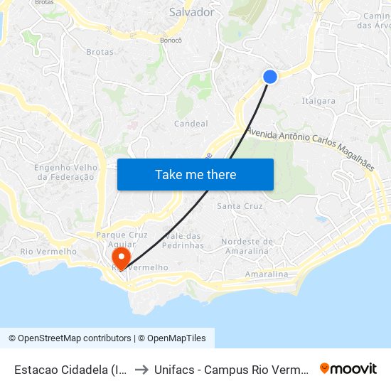 Estacao Cidadela (Ida) to Unifacs - Campus Rio Vermelho map