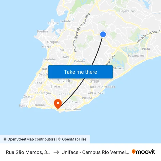 Rua São Marcos, 306 to Unifacs - Campus Rio Vermelho map