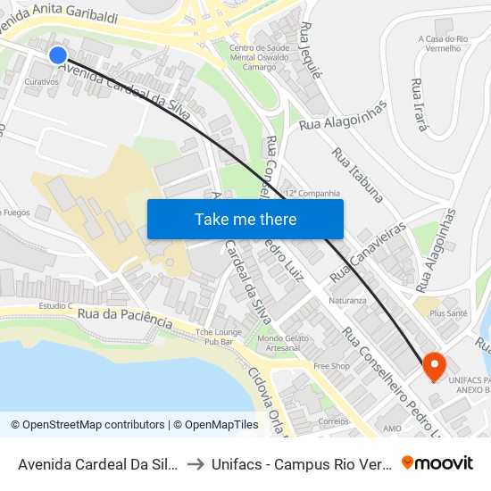 Avenida Cardeal Da Silva, 52 to Unifacs - Campus Rio Vermelho map