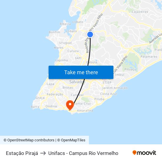 Estação Pirajá to Unifacs - Campus Rio Vermelho map