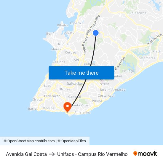Avenida Gal Costa to Unifacs - Campus Rio Vermelho map