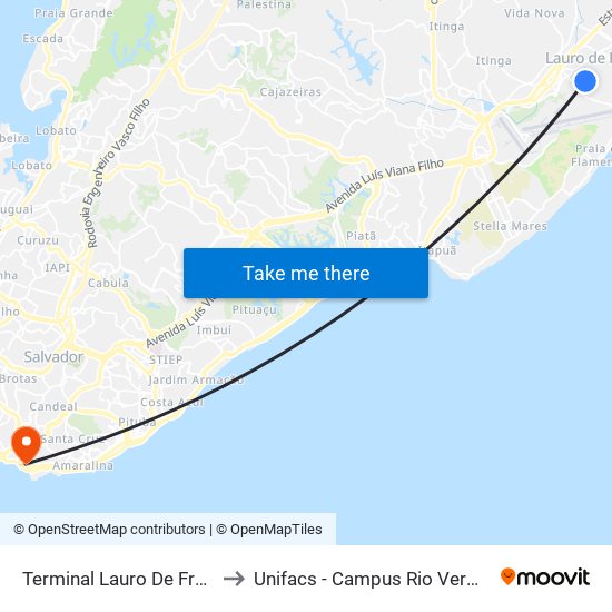 Terminal Lauro De Freitas to Unifacs - Campus Rio Vermelho map