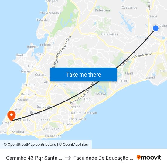 Caminho 43 Pqr Santa Rita, 14 to Faculdade De Educação Da Ufba map