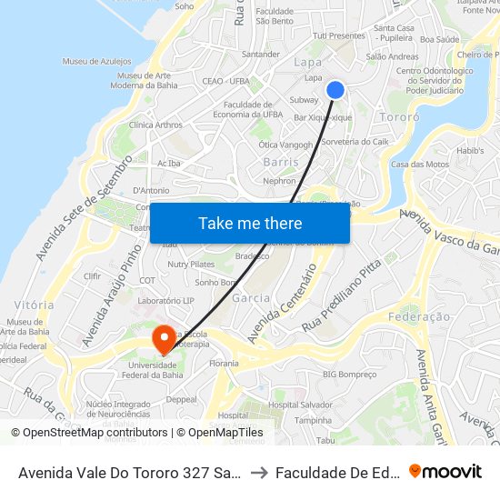 Avenida Vale Do Tororo 327 Salvador - Bahia 40050 Brasil to Faculdade De Educação Da Ufba map