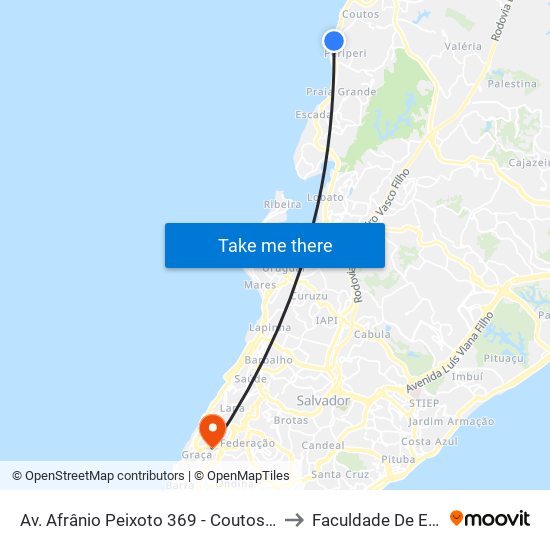 Av. Afrânio Peixoto 369 - Coutos Salvador - Ba 40750-090 Brasil to Faculdade De Educação Da Ufba map