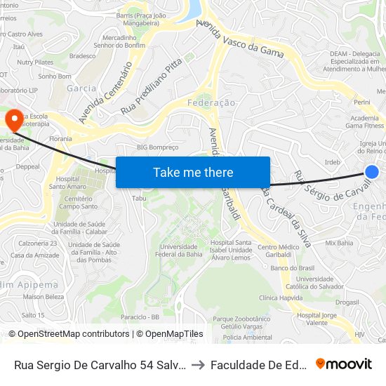 Rua Sergio De Carvalho 54 Salvador - Bahia 40170 Brasil to Faculdade De Educação Da Ufba map