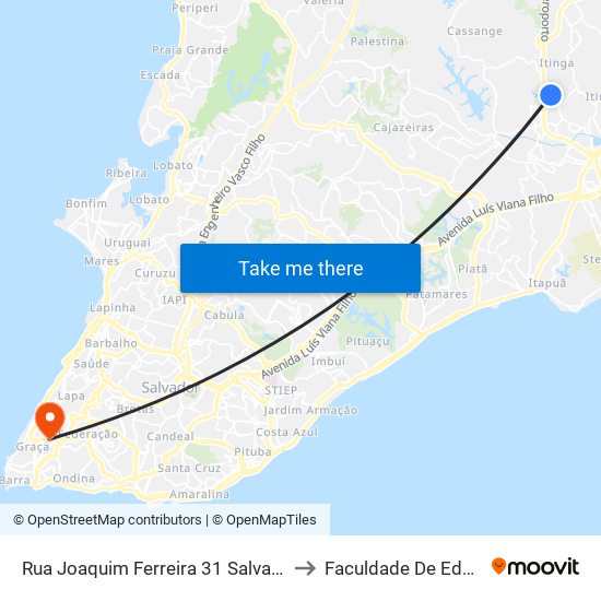 Rua Joaquim Ferreira 31 Salvador - Bahia 41502 Brasil to Faculdade De Educação Da Ufba map