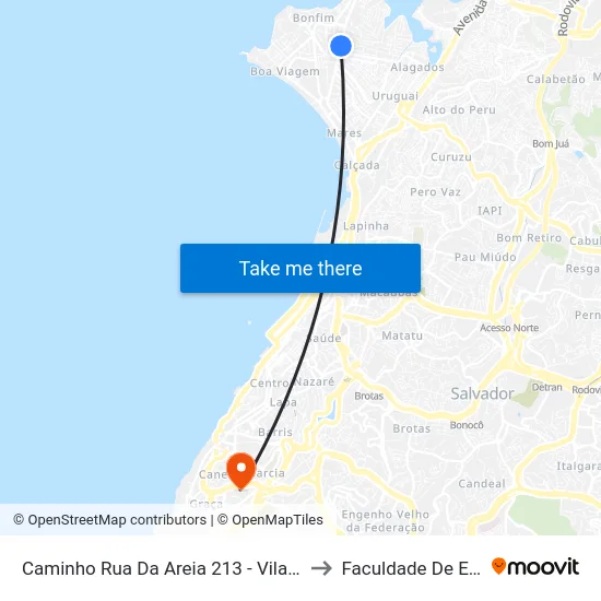 Caminho Rua Da Areia 213 - Vila Rui Barbosa Salvador - Ba Brasil to Faculdade De Educação Da Ufba map