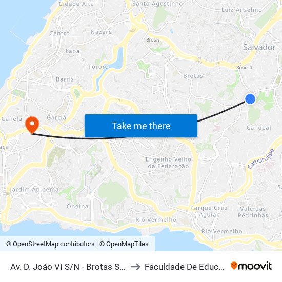 Av. D. João VI S/N - Brotas Salvador - Ba Brasil to Faculdade De Educação Da Ufba map