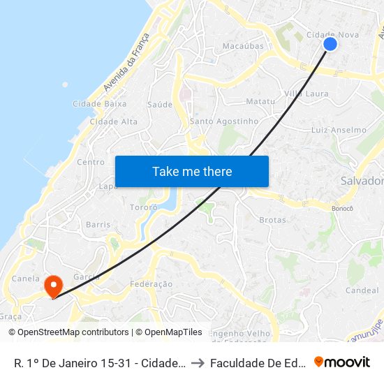 R. 1º De Janeiro 15-31 - Cidade Nova Salvador - Ba Brasil to Faculdade De Educação Da Ufba map