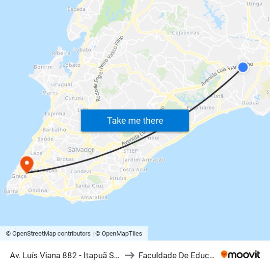 Av. Luís Viana 882 - Itapuã Salvador - Ba Brasil to Faculdade De Educação Da Ufba map